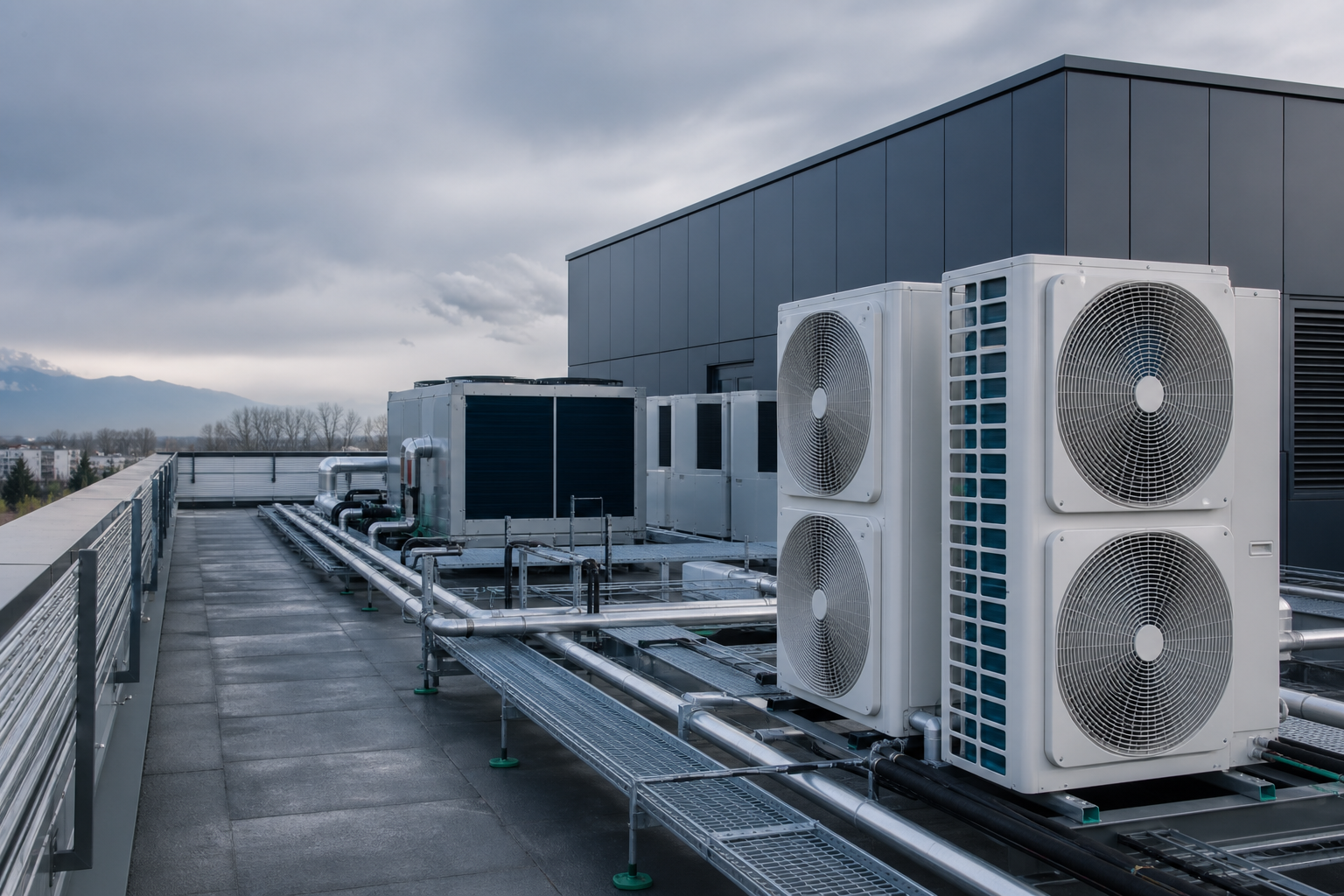 Impianto di climatizzazione installato sulla copertura di un edificio aziendale